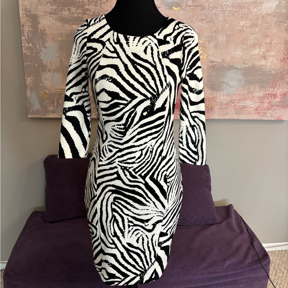 Zara Black and White Sheath Dress 3/4 Sleeve Crew Neck Size XS